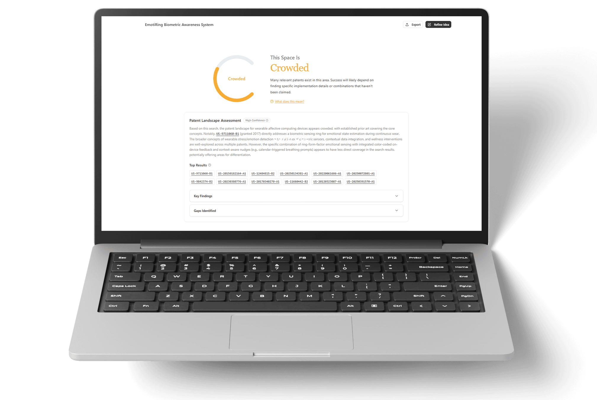 Patent landscape report rendered on a laptop